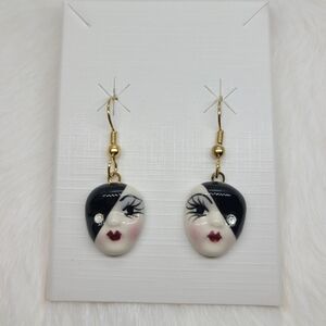 Vintage Fancy Faces Hand Painted Porcelain Dangle Earrings Eclipse Mask